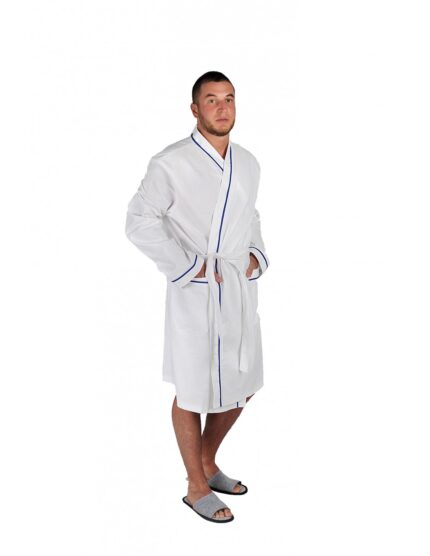 Чоловічий Вафельний Халат (Білий з Синім Кантом): Ефект SPA та Легкість Бавовни